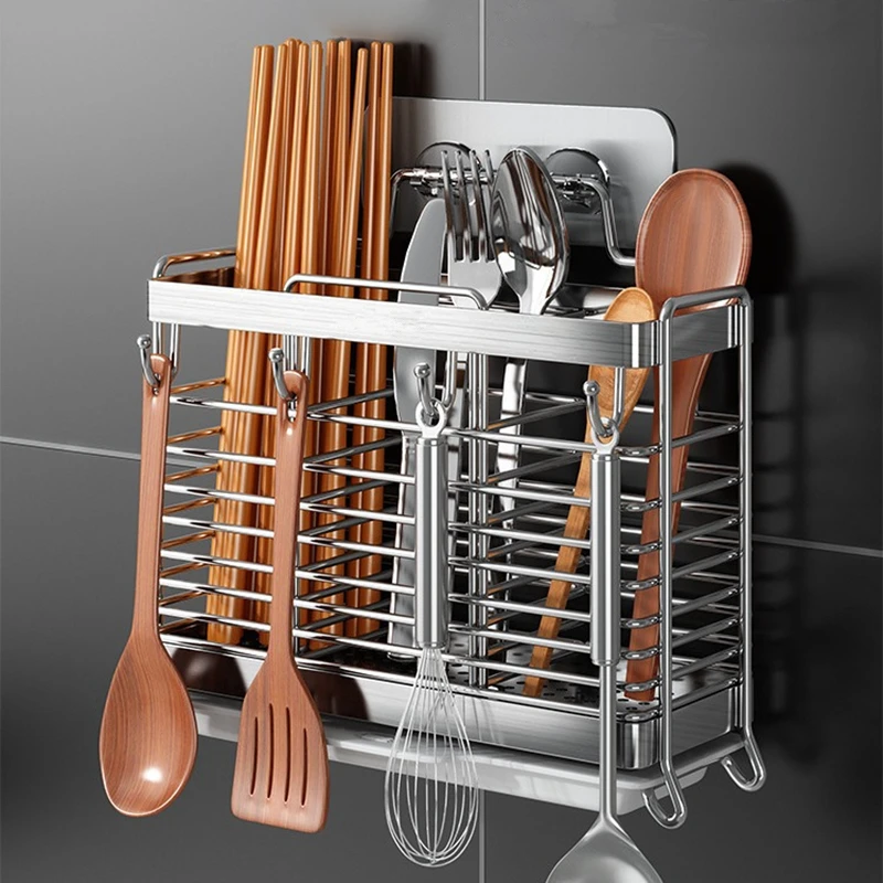 

Wall-Mounted Stainless Steel Chopsticks Cage Hollow Drain Cutlery Holder with Hooks Spoon Fork Tableware Rack Kitchen Organizer