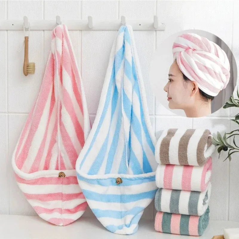 

1PC Microfiber Strong Absorbent Microfiber Dry Hair Towel Absorbent Quick Dry Striped Shower Cap Bathroom Accessories