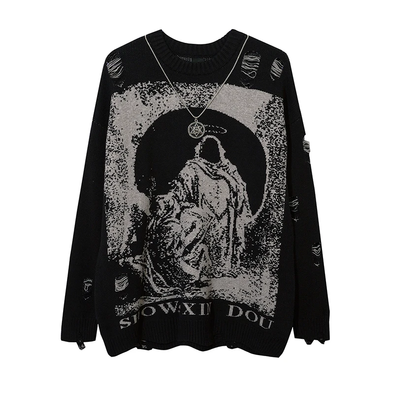 Harajuku Priest Salvation Printed Knitwears Unisex Streetwear Hip Hop Destroyed Hole Ripped Pullovers Sweter Oversized Men