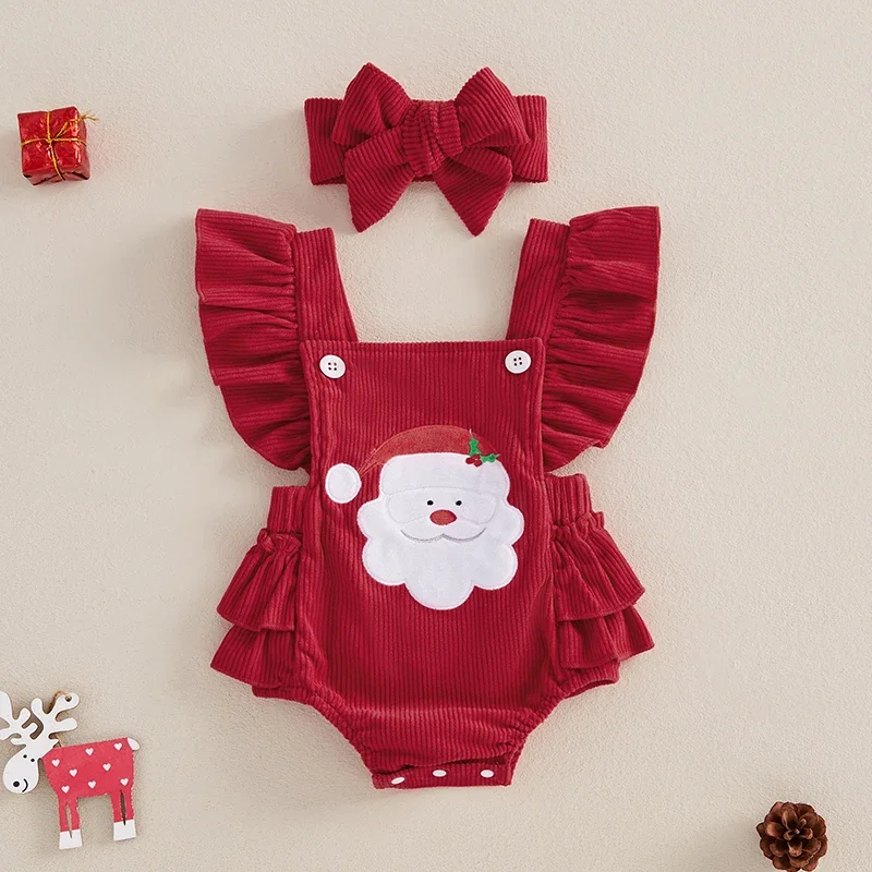 Baby Girl Overalls Romper Christmas Tree/Santa Embroidered Sleeveless Square Neck Corduroy Jumpsuits Headband 2 Pieces Sets