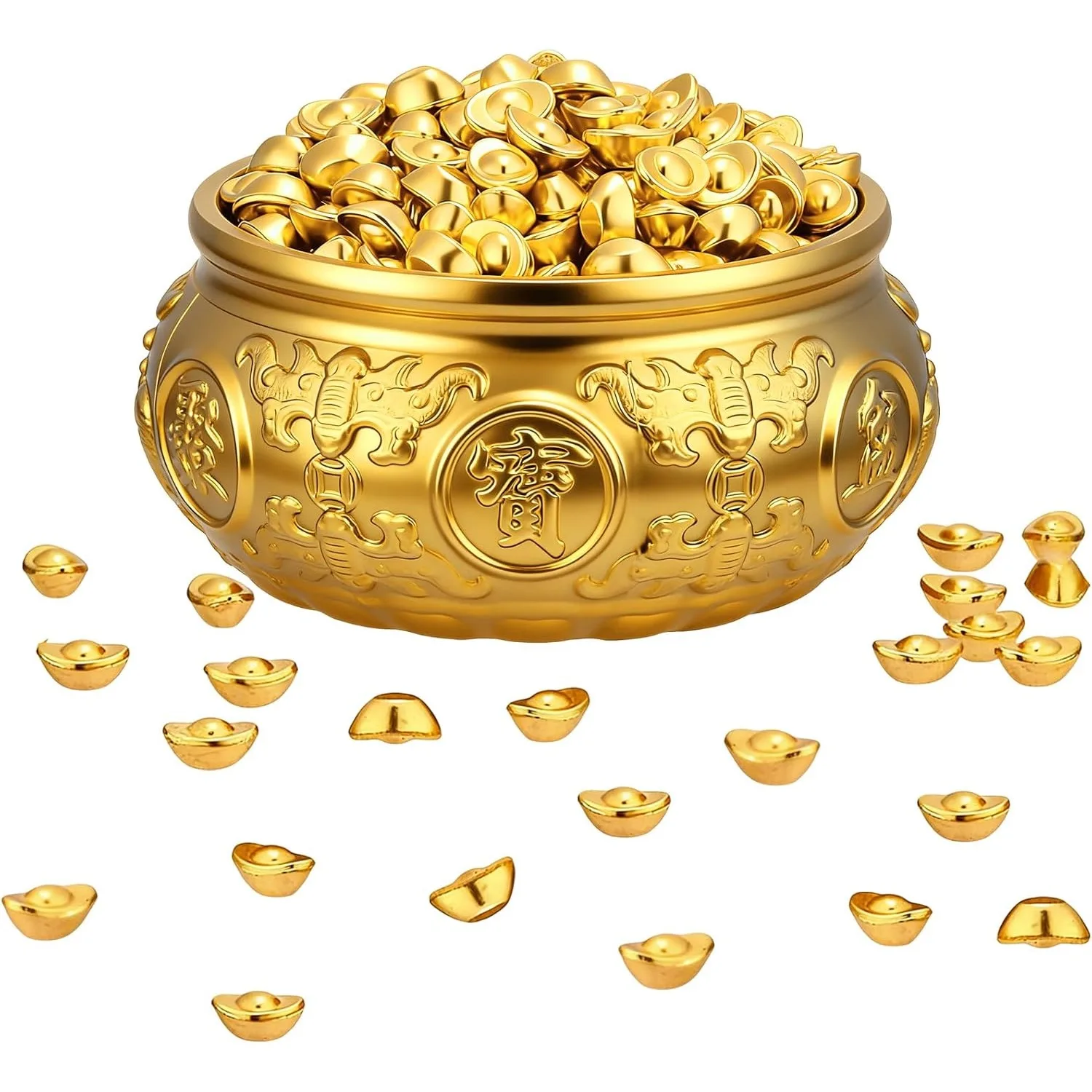 Golden Treasure Basin with 400pcs Ingot Yuan Bao Good Luck Wealth Prosperity Figurine for Home Office Decor Housewarming Gift