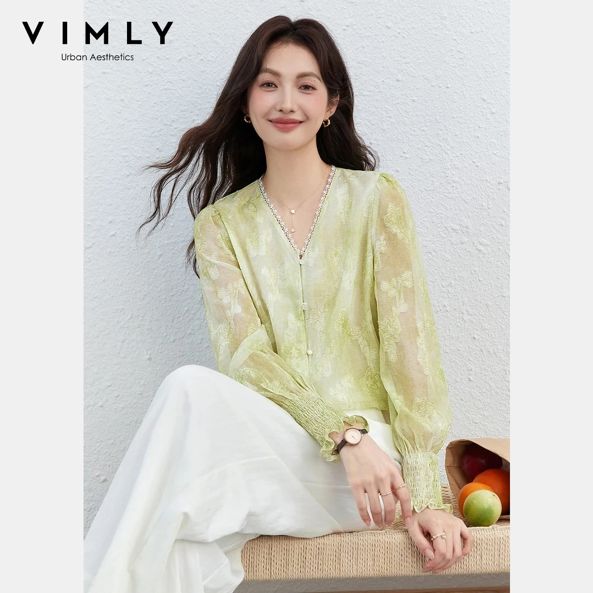 

VIMLY Elegant Chiffon Blouse Women 2026 Spring New French Style Floral Jacquard V Neck Casual Office Lantern Sleeve Shirt A5132