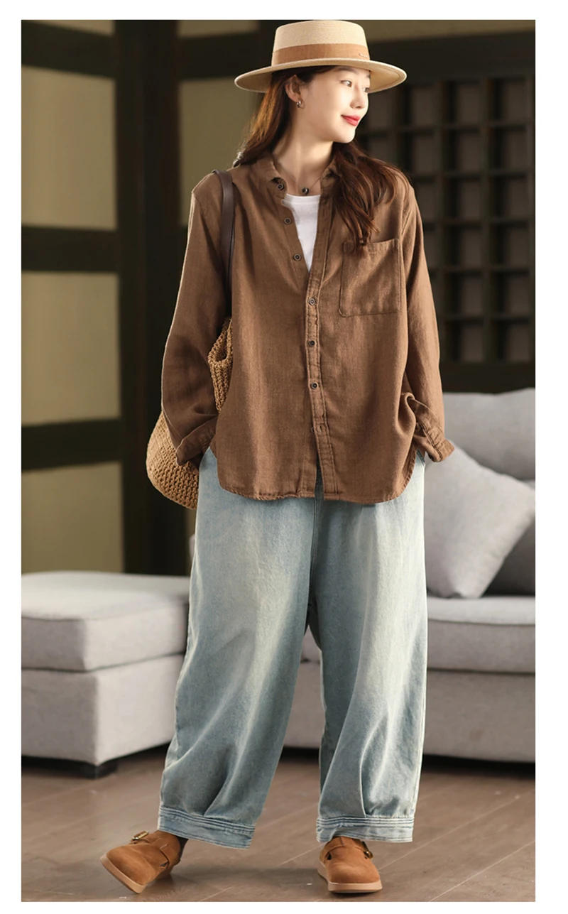 Damenhemd aus 100 % natürlichem Leinen – langärmeliges Hemd mit Kragen, Retro-elegantes Freizeit-Outfit für Outdoor-Aktivitäten, Komfort