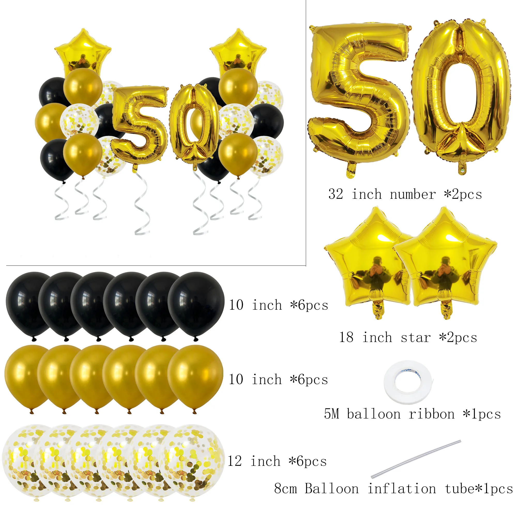 24 قطعة بالونات مختلطة باللون الذهبي والأسود 50th زينة حفلات أعياد الميلاد 50 سنة رجل امرأة عيد ميلاد الديكور لوازم الذكرى