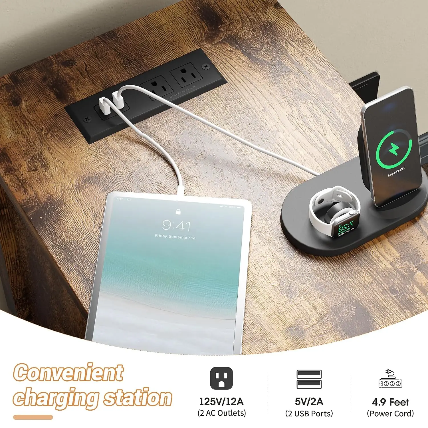End Table with Charging Station, Farmhouse End Table Narrow Side Table for Living Room, Sofa Side with Drawer and Storage
