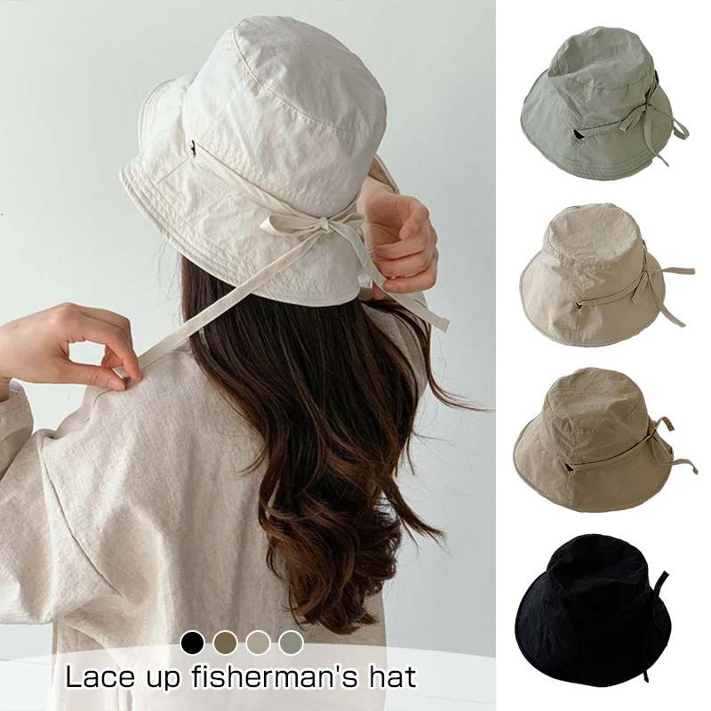 

Women Summer Lace-up Fisherman Hat Lightweight Windbreak Rope Sunshade Basin Hat Panama Beach Sun Bucket Hat