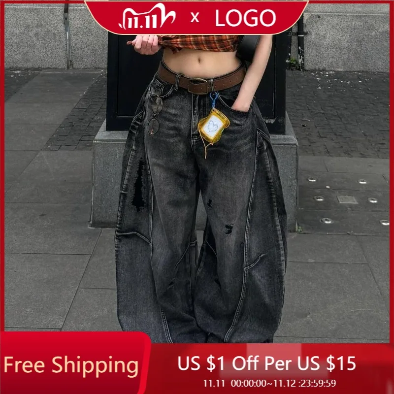 

Американские уличные хип-хоп джинсы Y2K в стиле ретро, черные, с эффектом потертости, рваные, свободные, в стиле Spice Girls, Harajuku, повседневные, широкие штанины