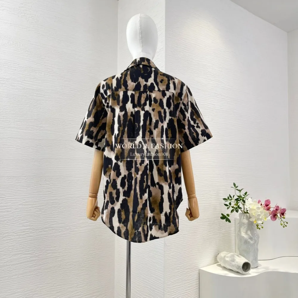 

Brown Leopard Print Short Sleeve T Shirt Blouse Tops 2025 Linen Cotton