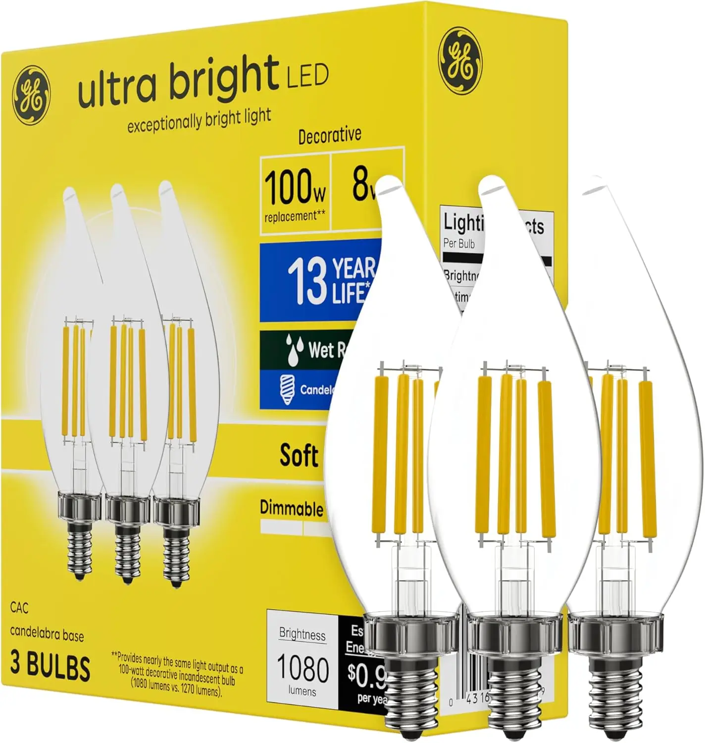 

100W Equivalent LED Candle Bulbs, Soft White 2700K, Dimmable, CA12 Decorative, Candelabra Base, 3-Pack