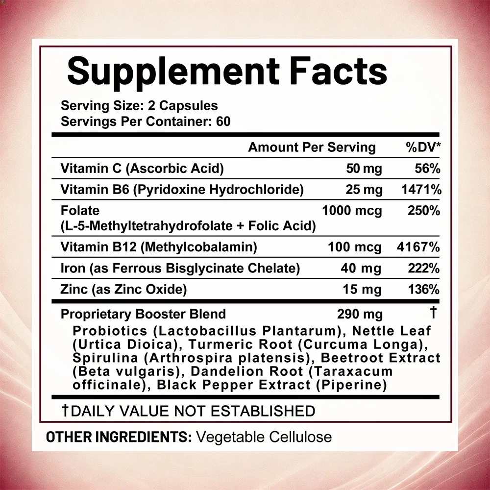 Iron Supplement for Women & Men, with Vitamins C, B6, B12 & Folate, Energy Support, Better Absorption, Non-GMO, No Gluten