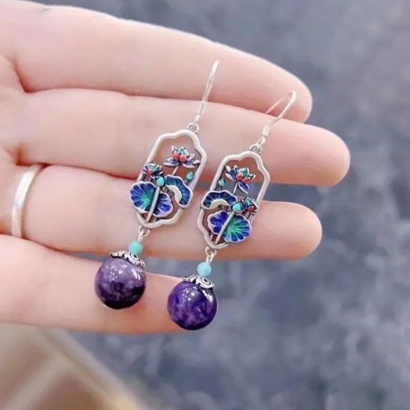 Natural Purple Dragon Crystal Earrings for Women Vintage Cloisonne Craft Enamel Colored Lotus Leaves 925 Silver New in Jewelry