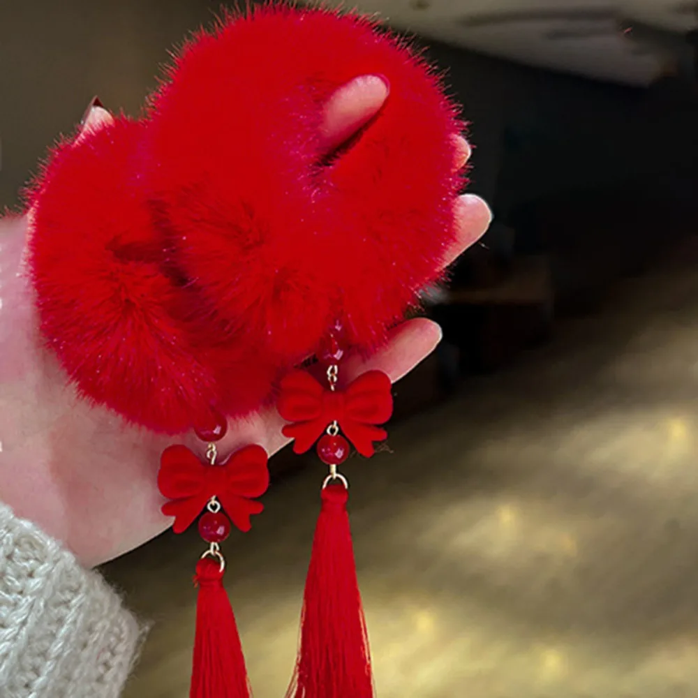 

2pcs Ancient Style New Year's Red Hair Rope Elastic Universal Chinese Children Hair Band with Tassel Girl Headwear Daily Life