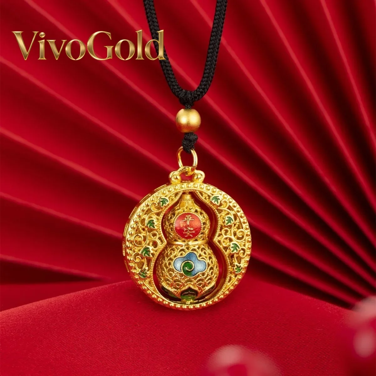 

VivoGoldLight luxury 24K real gold sand gold enamel season to run gourd necklace au9999 lotus pendant national tide first jewelr
