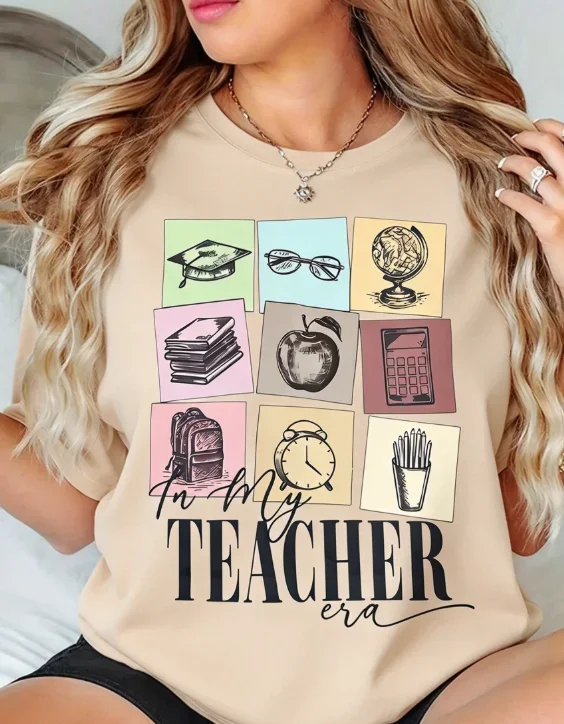 2026 Fashion New Women Round Neck T Shirt Minimalist Retro Back To School Teacher Slogan Bow Pattern Print Ladies Classroom Daily Casual Basic Top Tee