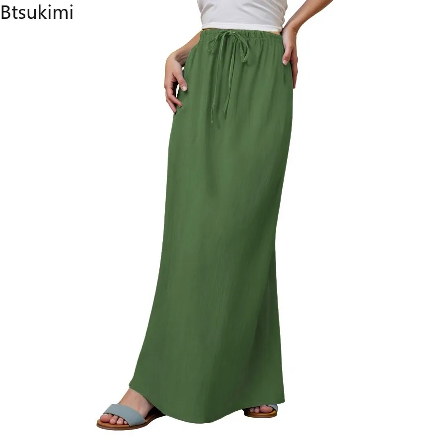 Fashion New Women's Solid Casual Long Skirts Summer Sexy High Waist Drawstring Lace Up Pencil Skirts Women Vacation Beach Skirts