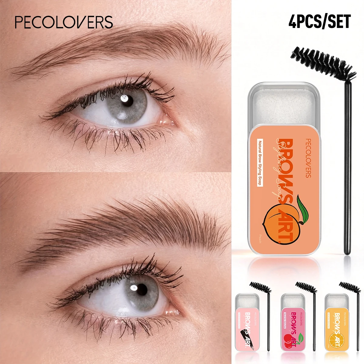 4PCS/SET Long-Lasting Eyebrow Styling Set, Clear Gel Brow Soap for Natural Shaping, Smooth Hold with 90° Brush Included, Sweat-Proof All-Day Wear, Versatile Fruit Fragrance Collection