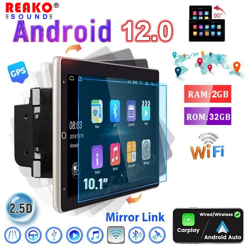 

REAKOSOUND Universal 2 Din CarPlay Rotatable Screen Android 12 AutoRadio Car Radio 10" Intelligent Systems Multimedia Player