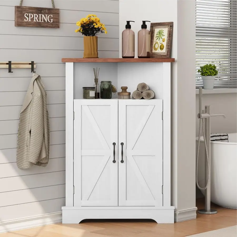 

Bathroom Corner Storage Cabinet, Farmhouse Floor Corner Cabinet with Barn Door and Adjustable Shelf, White Narrow Cabinet Organi