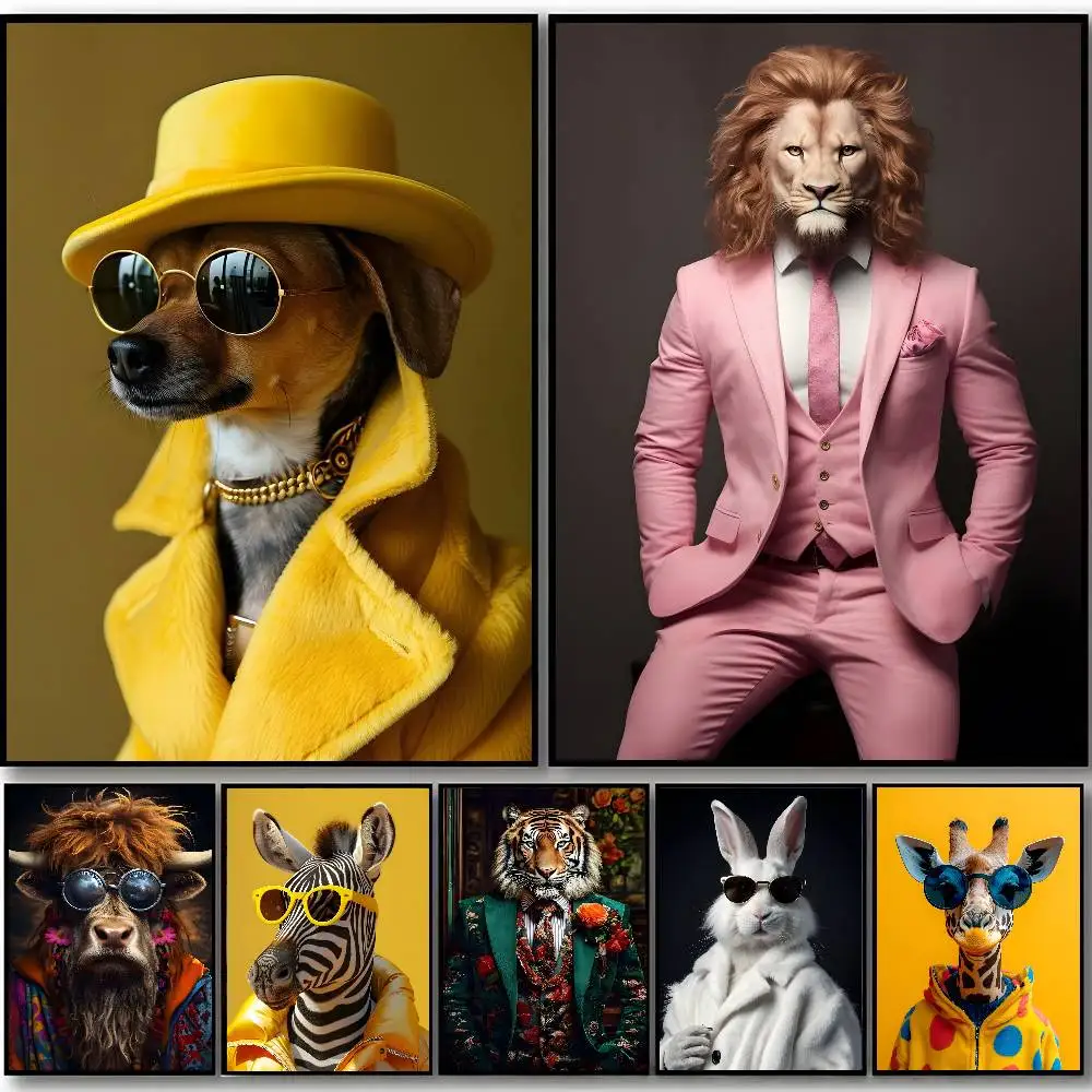 Póster de retrato de animales Eclectic Fashionista, pegatinas autoadhesivas adecuadas para cualquier superficie de pared, impermeables y a prueba de humedad