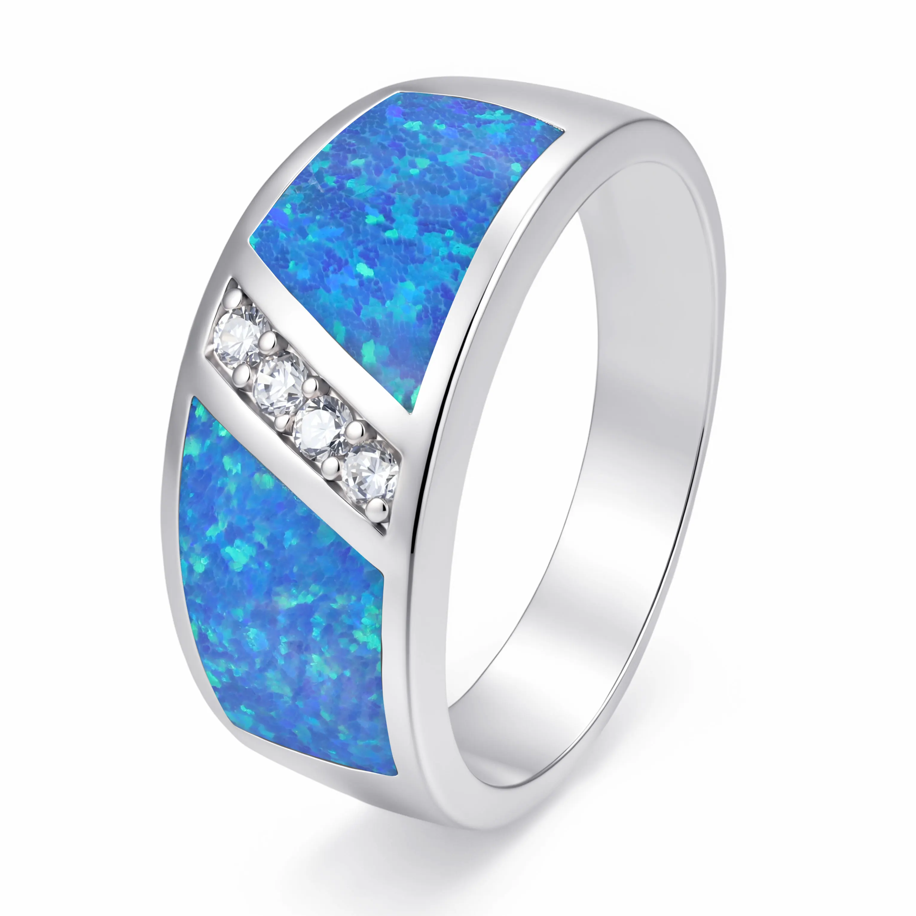 Unisex Geometric Wide Split Band Opal Ring with Side Sparkling CZ Diagonal Cut Design Bold Finger Jewelry Daily Work Party Gift