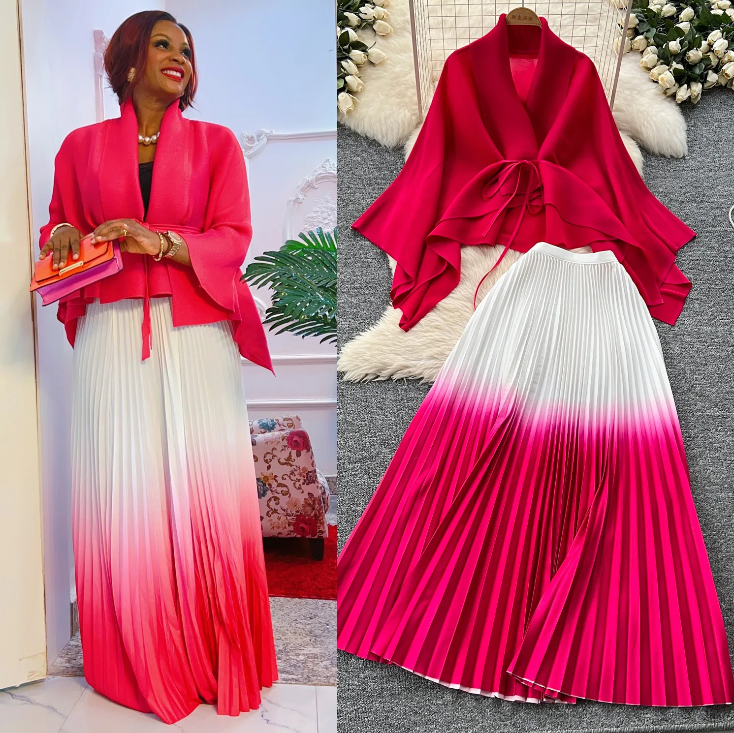 

Плиссированные рукава-бабочки, шаль на шнуровке с постепенным изменением, короткое пальто, топ + плиссированная юбка с постепенным изменением, комплект из двух предметов