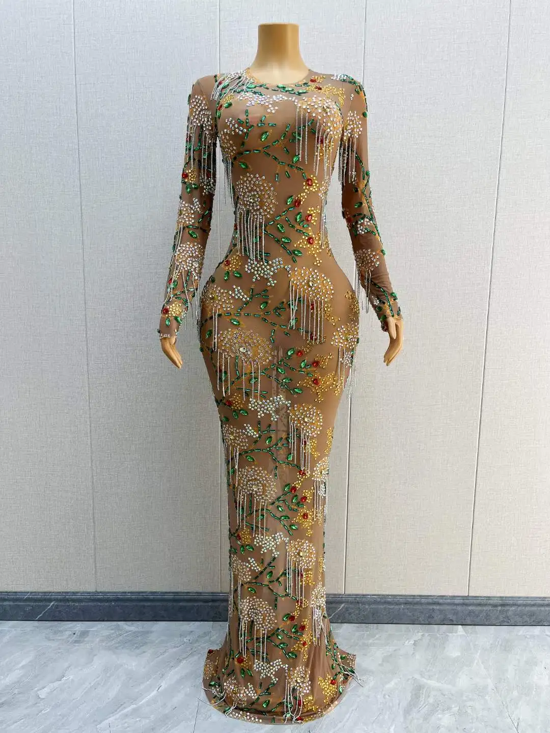 Women Stunning Drill Chain Flower Design Evening Prom Party Stage Rhinestone Long Dress Birthday Singer Queen Costume