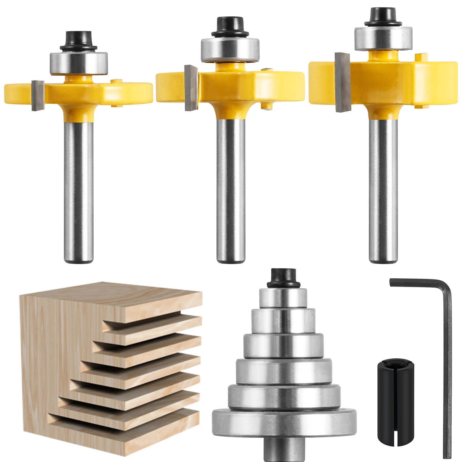 Rabbet Router Bit Set 1/4 Inch Shank Multifunctional Wood Rabbeting Router Bit with 6 Interchangeable Bearings Lightweight