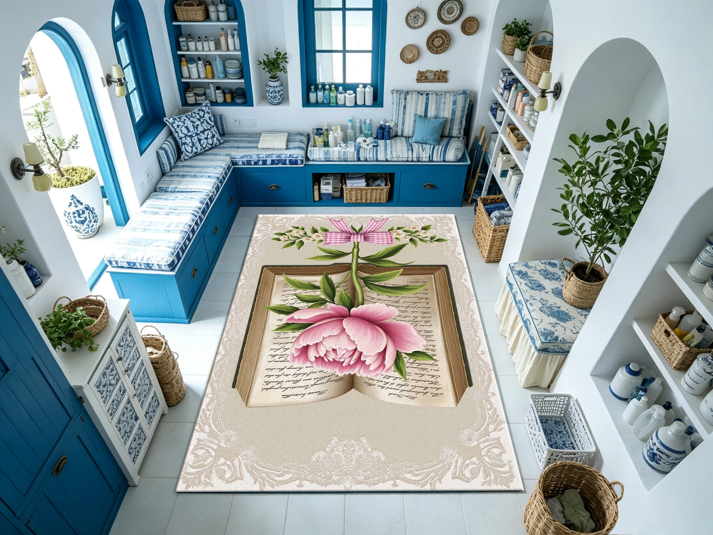 Vintage Books Peony Flower Art Carpet Floor Decoration Aesthetic Home Living Space Floor Decorative Carpet