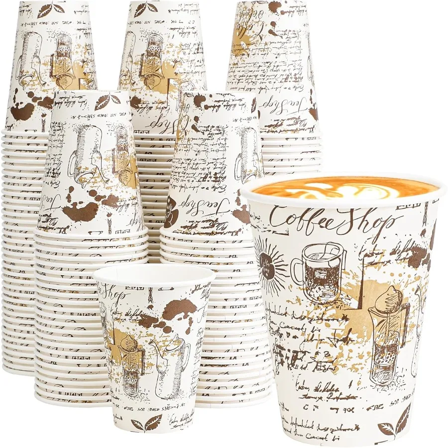 

12 oz LeakProof Disposable Paper Coffee Cups with Retro Design 240 Pack for Hot and Cold Beverages Perfect for Parties Business