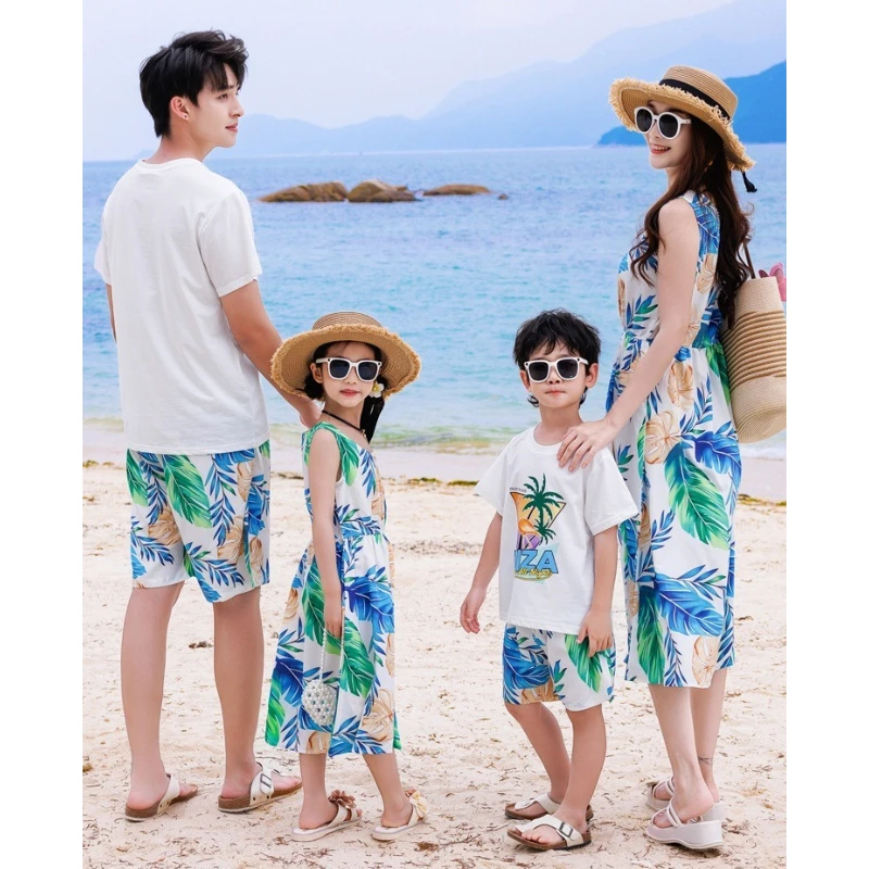 Family Beach Matching Outfit Vacation Dad Son Two Piece Sets Palm Tree Mom Daughter Dress Couple Holiday Parent Child Clothes