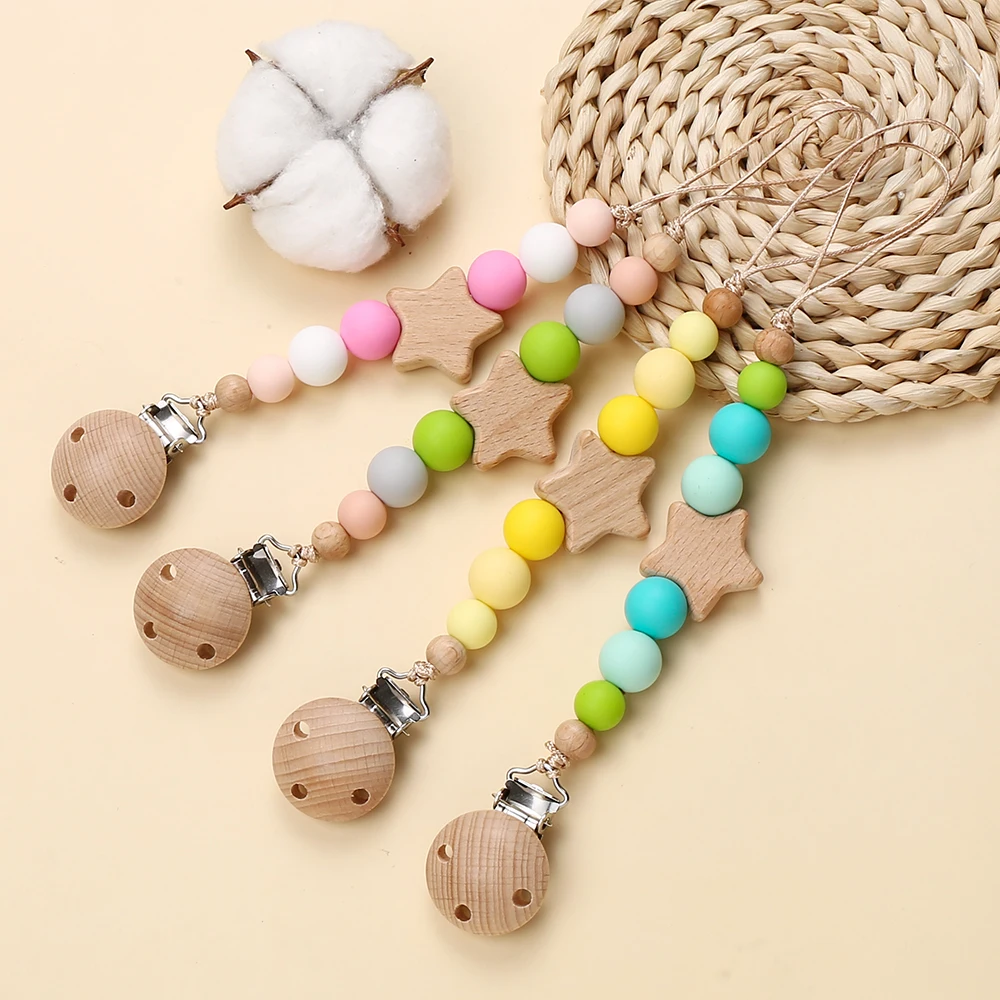 Baby Wooden Pentagram Pacifier Clip Chain Candy Color Nipples Chew Children Pacifier Clips Pacifier Teether Teething Toy Bracket