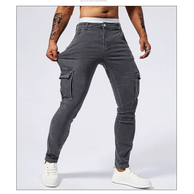 

2024 New workwear style jeans men's tight, elastic, casual fashion summer men's multi pocket slim fit small feet pants