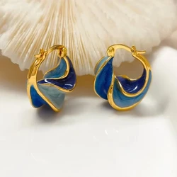 FTCY Enamel Blue Color Metal Texture Hoop Earrings for Women Retro Geometric Creative Women's Earrings Jewelry Gifts