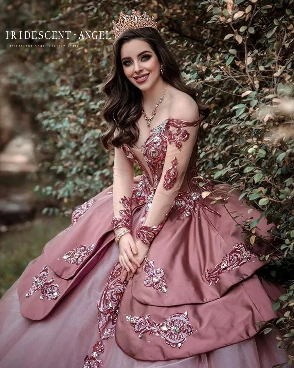 Vestido de baile Rosa iridiscente, vestido de quinceañera exquisito y polvoriento encantador con lentejuelas de oro rosa, manga larga, dulce 16, ocasión Formal