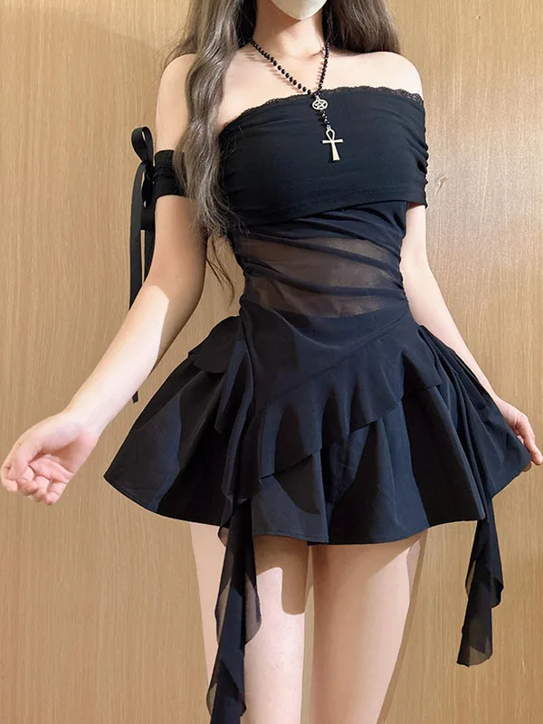 الرغبة النقية مثير ort Sve غير المتكافئة كشكش لي أعلى Bla عالية الخصر منتفخ تنورة المرأة قطعتين مجموعة الدانتيل تقليم سليم صالح #3