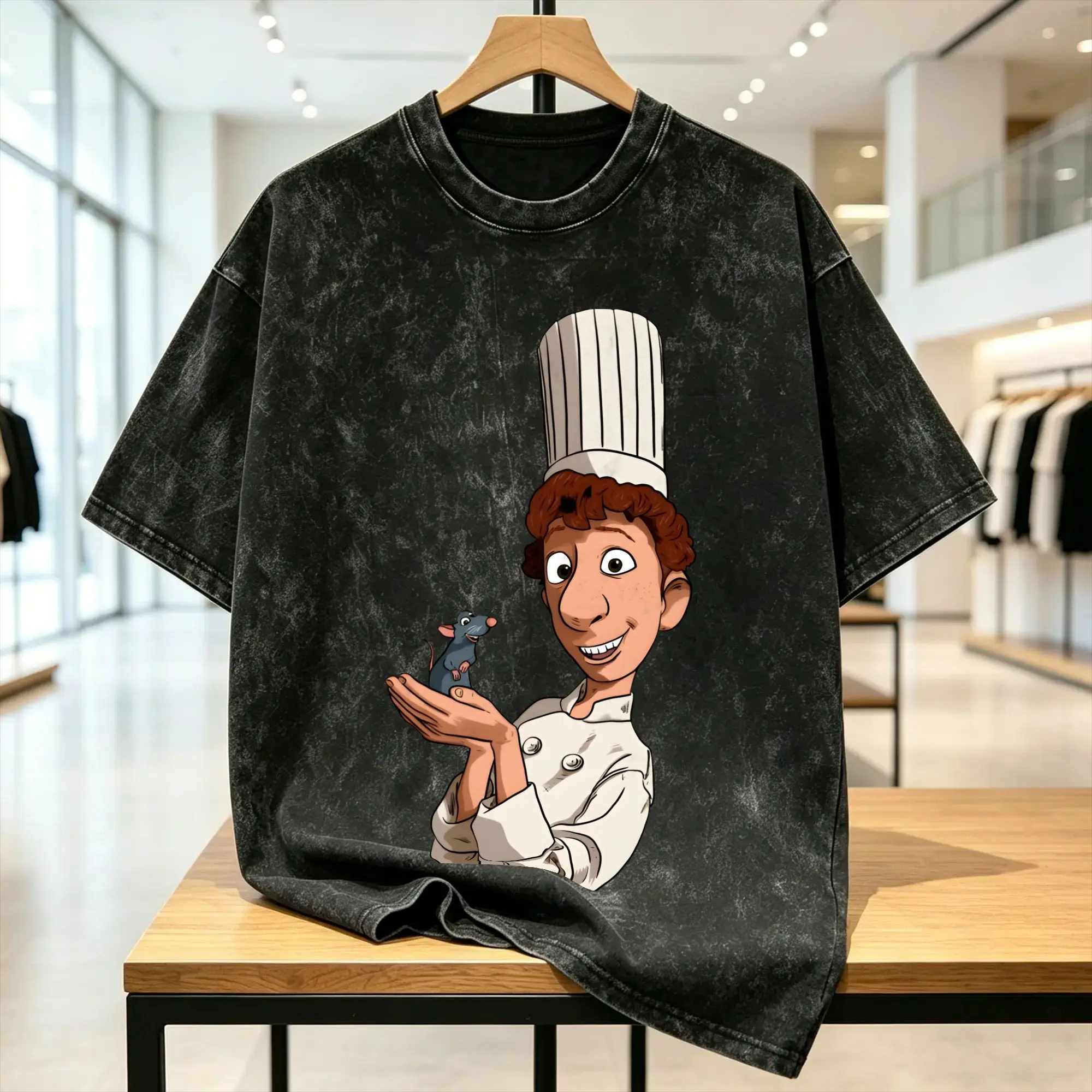 Ratatouille Washed T-Shirt Men Remy and Linguini Y2K Retro Casual T Shirts Beach O Neck Novelty Tees Printed Plus Size Tops