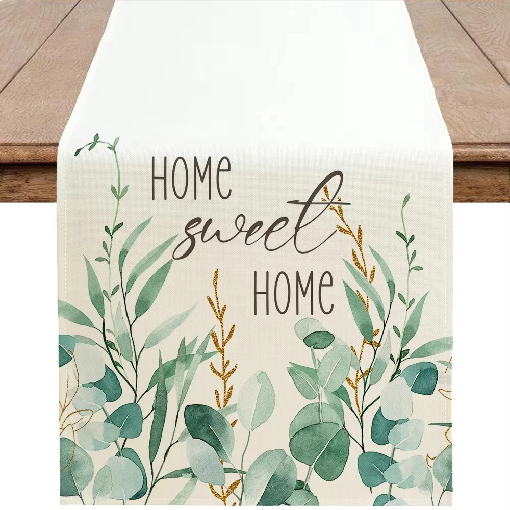 Spring Green Eucalyptus Table Runner Leaf Pattern, Welcome Ink Decor for Home Cabinets and Party Setting
