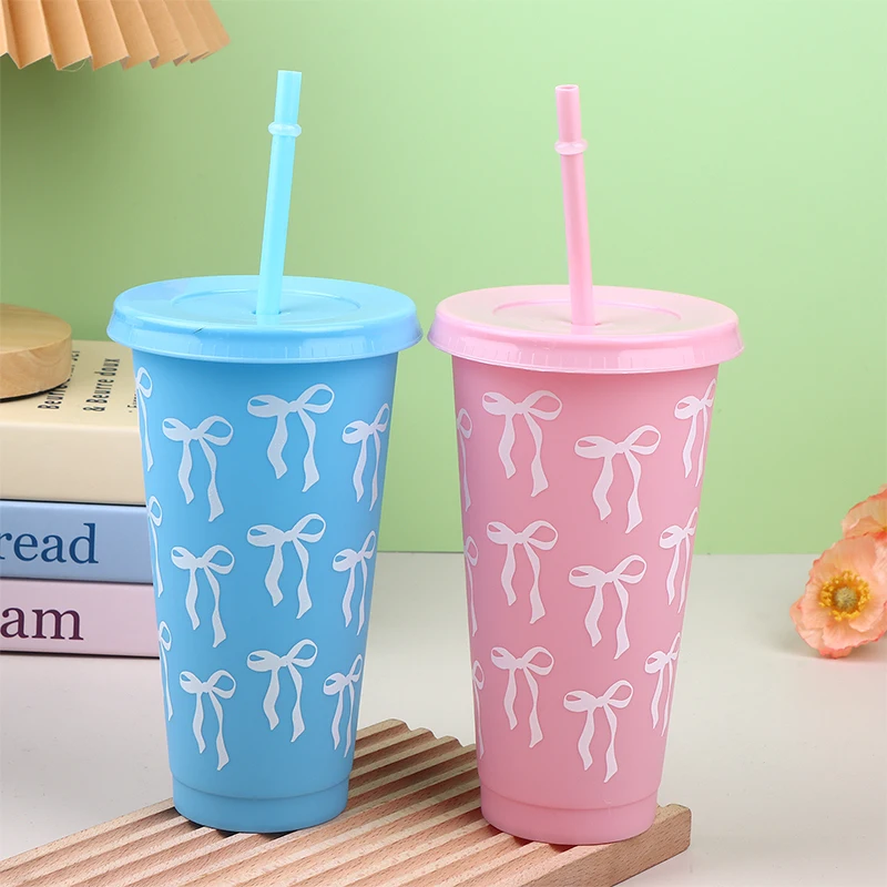 710ml Straw Lid Coffee Cup Juice Tea Cute Tumbler with Straw Plastic Cups Summer Gifts  Kawaii Bow Reusable Party Cups view 2