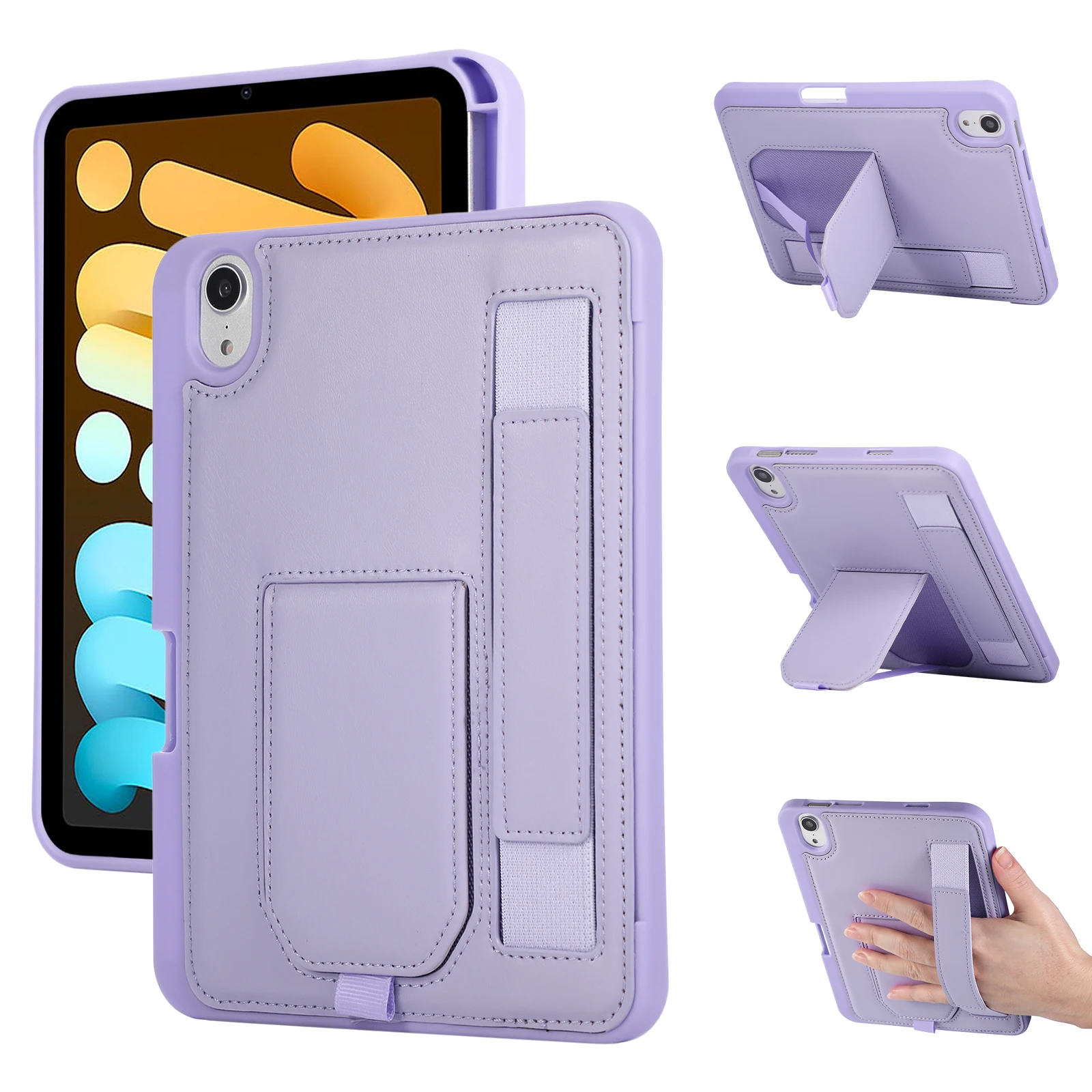 

For iPad mini (2024) / (2021) Case Kickstand PU + TPU Tablet Cover with Wristband / Pen Slot - Purple