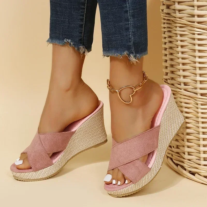 2024 Summer Women's Shoes New Open Toe Women's Slope Heel Slippers Outdoor Casual High Heels Shoes Women's Sandals Women Shoes