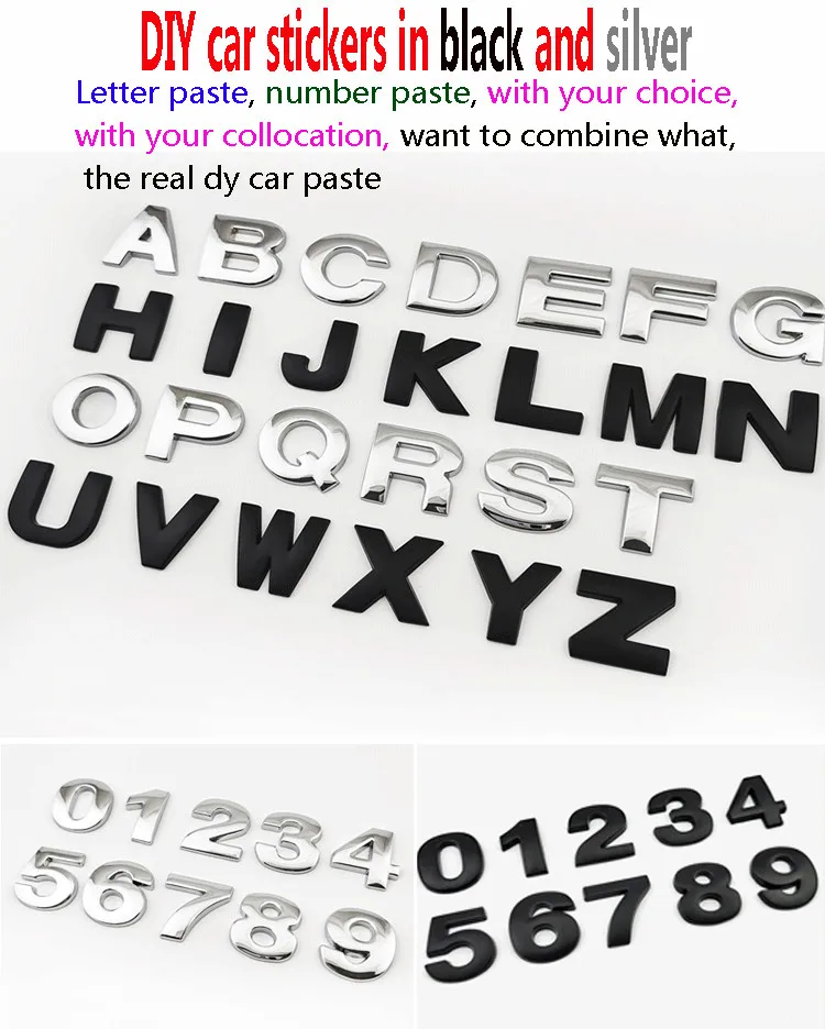 3D DIY Metal Letters Alphabet Emblem Decals Numbers Labeling Car Side Fender Sticker Rear Trunk Logo Digital Badge Accessories