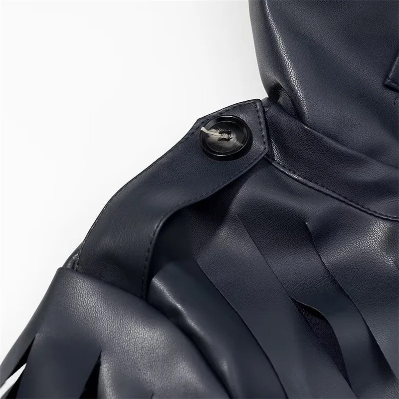 Giacca in Ecopelle da Donna Autunno/Inverno, Collo Alto, Maniche Lunghe, Dettagli con Frange, Nuovo Modello Confortevole e Minimalista