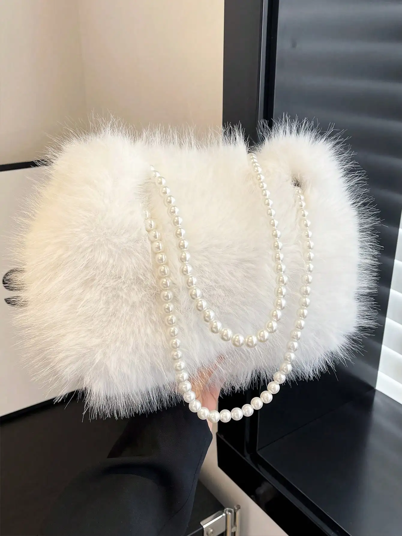 

Fluffy White Faux Fur Handbag with Dual Pearl Chain Strap, Square Shape, Lightweight Shoulder Tote