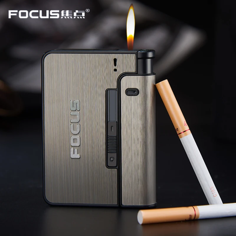 FOCUS Portable Metal Cigarette Boxes With Kerosene Oil Lighter 10pcs Cigarette Holder Case Lighter Gadget For Men Christmas Gift