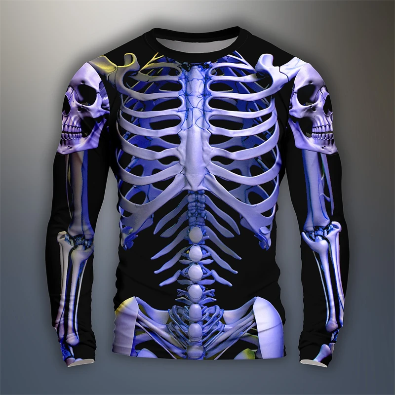 Fashion Skeleton Graphic T-shirt For Men Trend Streetwear O Neck 3D Skull Printed Long Sleeve T Shirts Loose Catch Eyes Tees