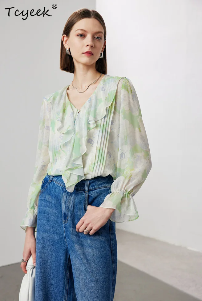 

Tcyeek, 10MM 100%Real Silk Elegant Shirt, Women Long Sleeve Print, Ruffled Vacation French Blouse, 2024 Summer Fall T47374QC
