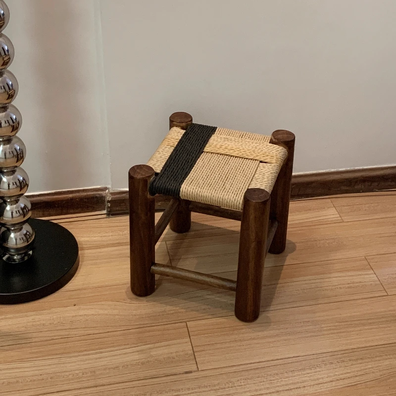 Minimalist Faux Rattan Footstool Rustic Vintage Solid Wood Multi-Purpose Stool for Entryway Balcony