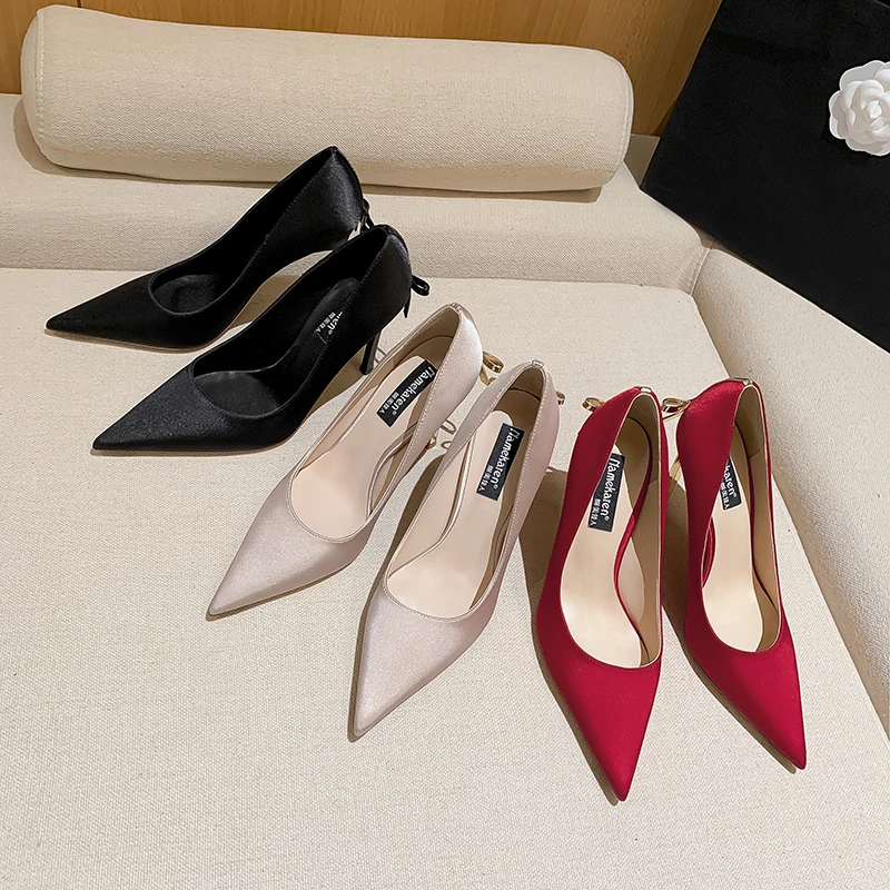 Quality Silk High Heels with Bowtie Women Champagne Wedding Shoes Sexy Black Party Dress Pumps with Metal Heel Spring Autumn view 5