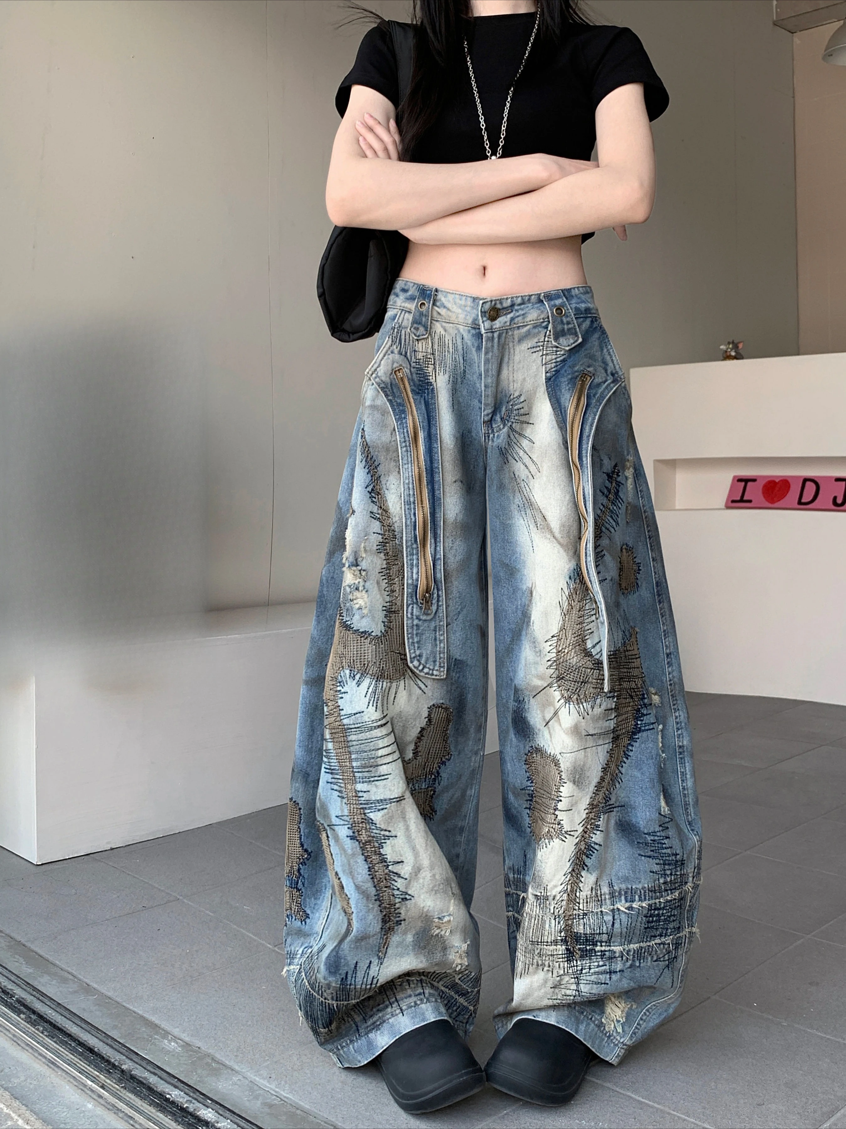 

2025 Trashy Y2K Punk Style Grunge Streetwear Baggy Stacked Jeans Pants for Women Designers Clothes Wide Leg Lady Denim Trousers