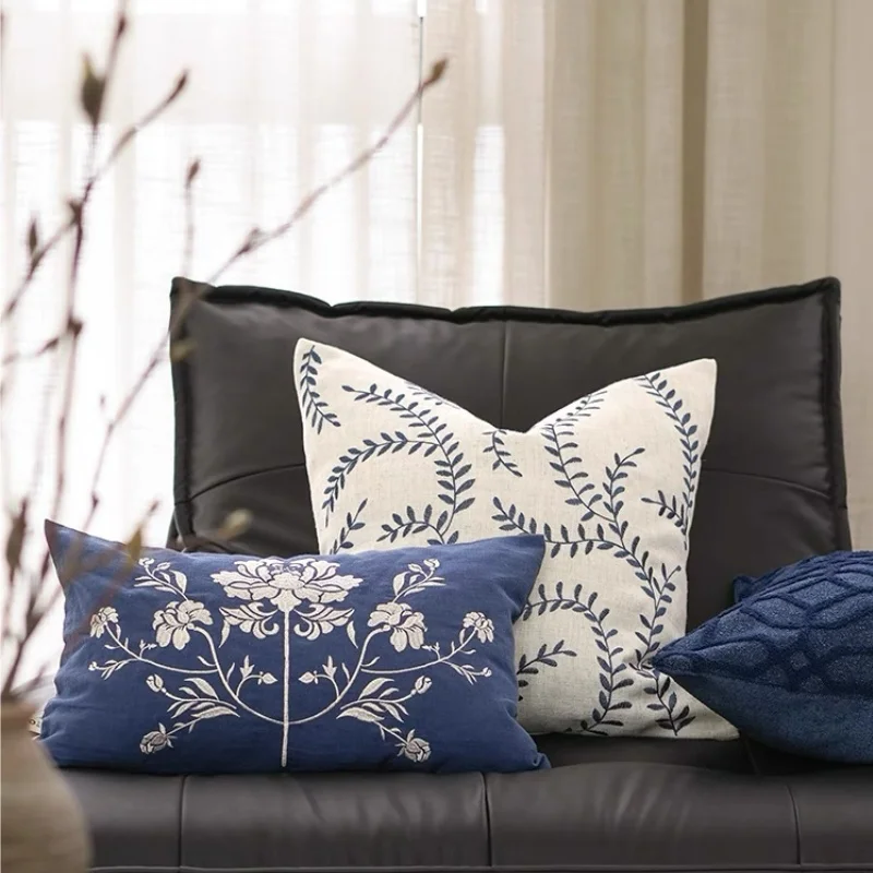 Blue Pillows Chinese Embroidery Cushion Case Leaf Flora Decorative Pillow Cover For Sofa Chair Home Decorations